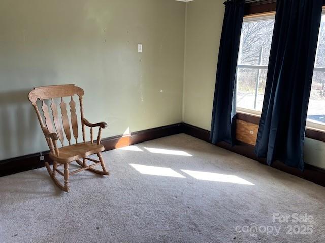 sitting room with baseboards and carpet floors