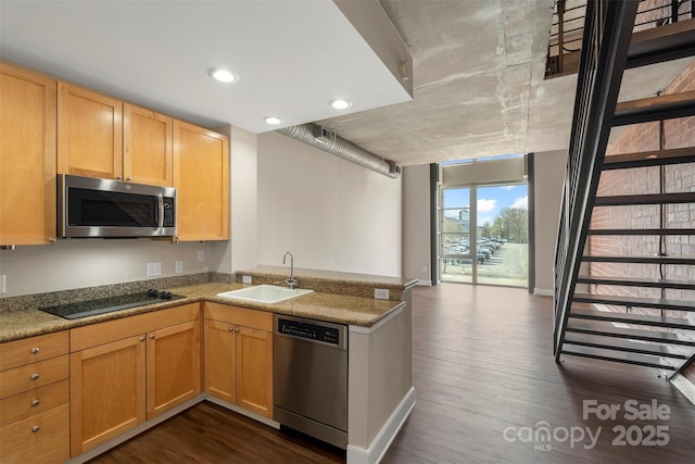 kitchen with dark wood-type flooring, open floor plan, a peninsula, stainless steel appliances, and a sink