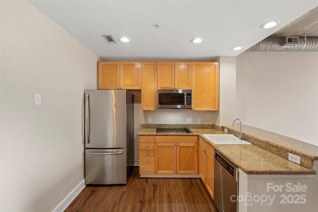 kitchen with dark wood-style floors, light stone countertops, a peninsula, a sink, and stainless steel appliances