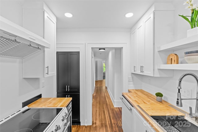 kitchen with electric range, wooden counters, range hood, and wood finished floors