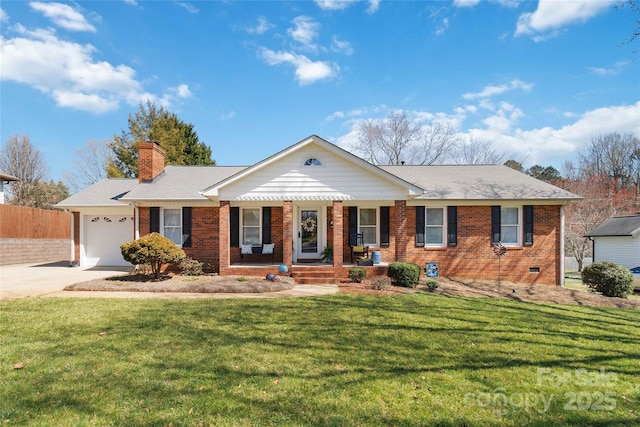 ranch-style home with a front lawn, brick siding, concrete driveway, and a chimney