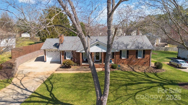 single story home featuring a front yard, fence, concrete driveway, crawl space, and brick siding