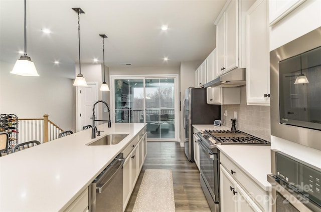 kitchen featuring dark wood-style flooring, a sink, light countertops, under cabinet range hood, and appliances with stainless steel finishes