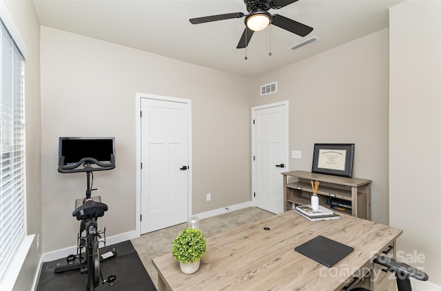 home office featuring visible vents, a ceiling fan, and baseboards