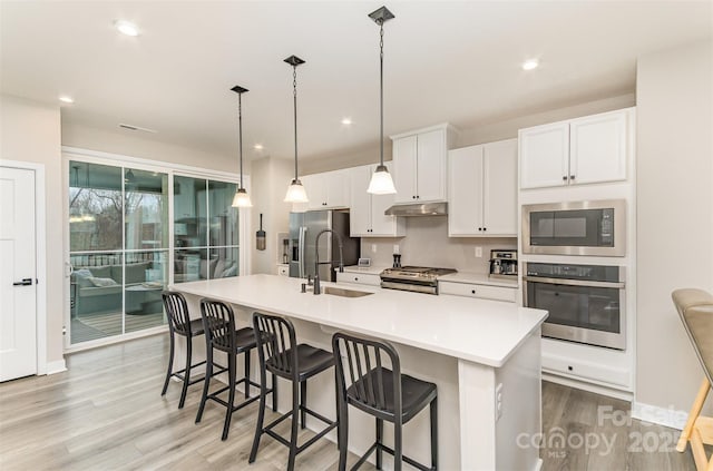 kitchen featuring under cabinet range hood, a sink, stainless steel appliances, white cabinets, and light countertops