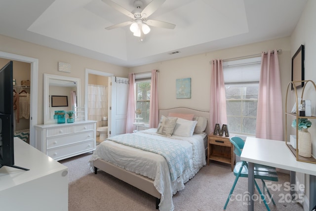 bedroom with a tray ceiling, light carpet, and a spacious closet