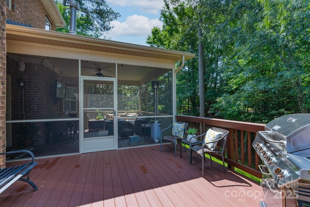 303 Ridge Reserve Dr Unit 29, Clover, SC 29710 - wooden terrace featuring a sunroom, grilling area, and ceiling fan
