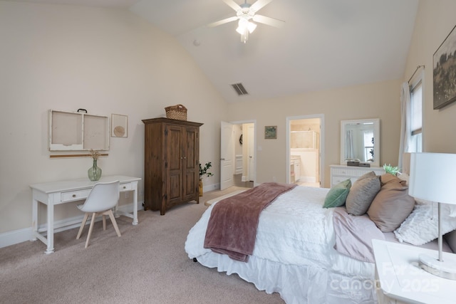 303 Ridge Reserve Dr Unit 29, Clover, SC 29710 - bedroom featuring high vaulted ceiling, light carpet, a ceiling fan, and connected bathroom