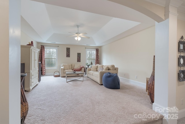 303 Ridge Reserve Dr Unit 29, Clover, SC 29710 - living area featuring a tray ceiling, carpet flooring, and ceiling fan