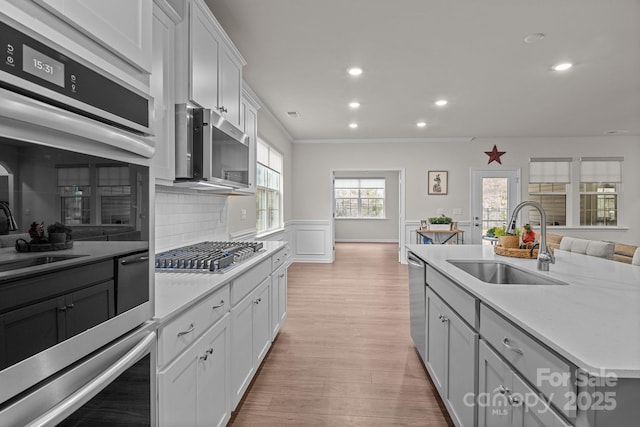 kitchen with a sink, light countertops, light wood finished floors, and stainless steel appliances