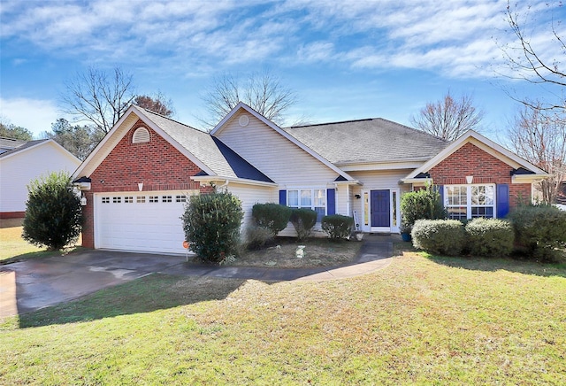 single story home with brick siding, driveway, a front yard, and a garage