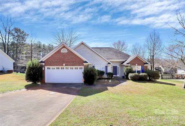 view of front of home with brick siding, an attached garage, concrete driveway, and a front lawn