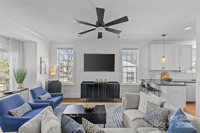 living room with wood finished floors, a healthy amount of sunlight, and ornamental molding