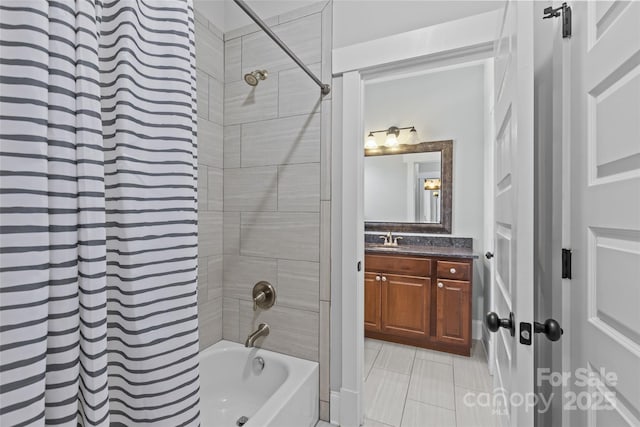 full bathroom with shower / bath combo and vanity