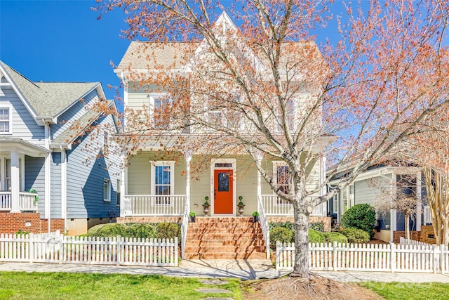 view of front of home with a porch and a fenced front yard