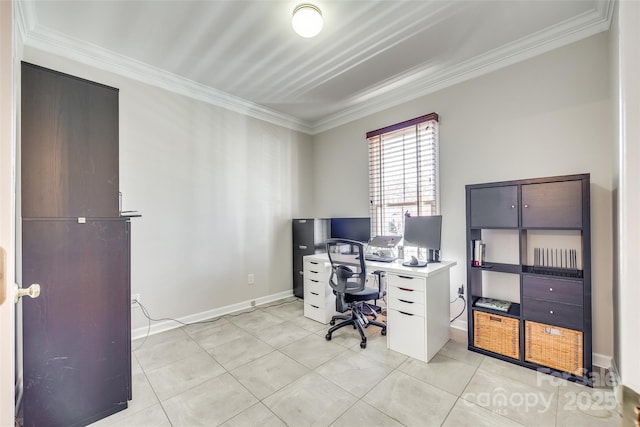 office area with light tile patterned floors, baseboards, and crown molding