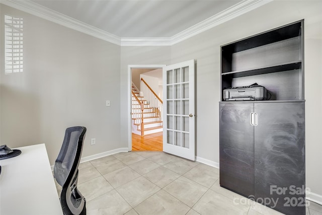 tiled home office with french doors, crown molding, and baseboards