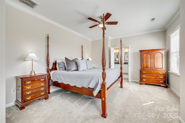 bedroom featuring light carpet, visible vents, and crown molding