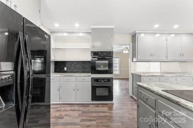 822 Bethlehem Rd, Kings Mountain, NC 28086 - kitchen with black appliances, open shelves, wood finished floors, a ceiling fan, and tasteful backsplash