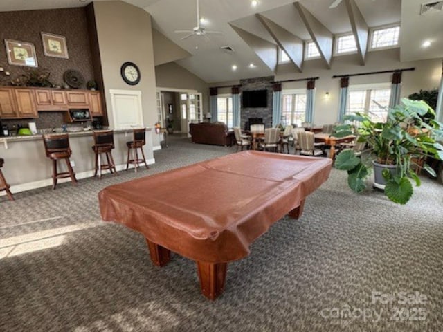 playroom featuring billiards, carpet flooring, visible vents, and ceiling fan