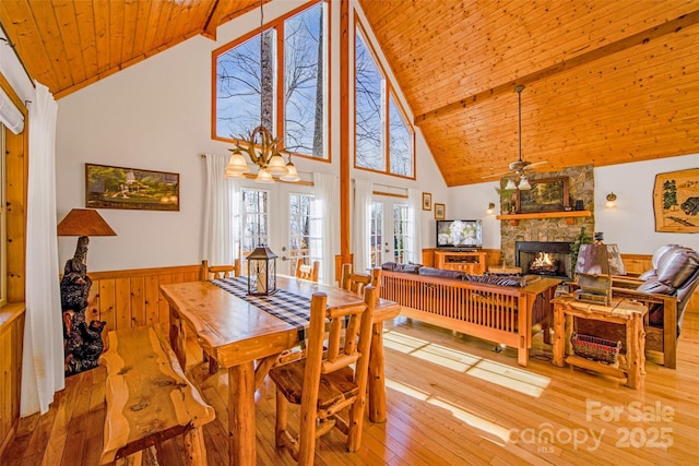 dining area with wainscoting, wooden ceiling, a fireplace, and wood-type flooring