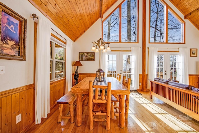 dining room featuring a wealth of natural light, a wainscoted wall, french doors, and wood ceiling