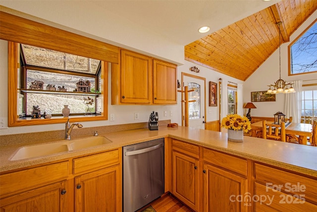 kitchen with a sink, light countertops, vaulted ceiling, stainless steel dishwasher, and wooden ceiling