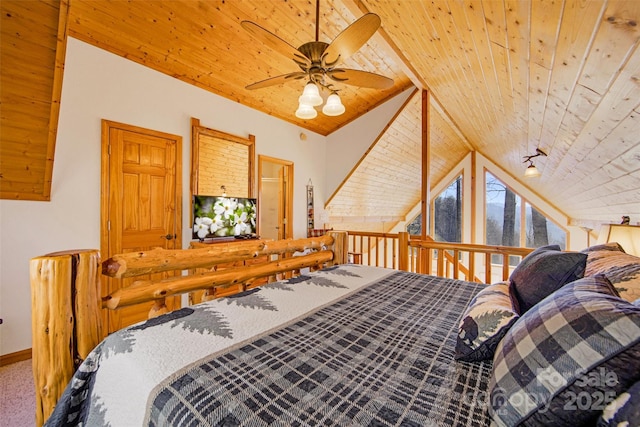 bedroom with wooden ceiling, carpet, and vaulted ceiling