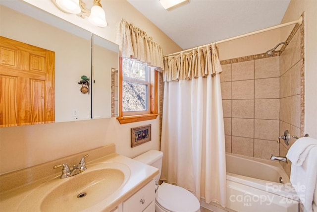 full bath with shower / bathtub combination with curtain, toilet, and vanity