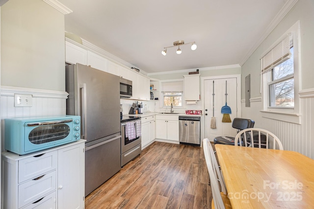 kitchen with a sink, plenty of natural light, appliances with stainless steel finishes, and white cabinetry