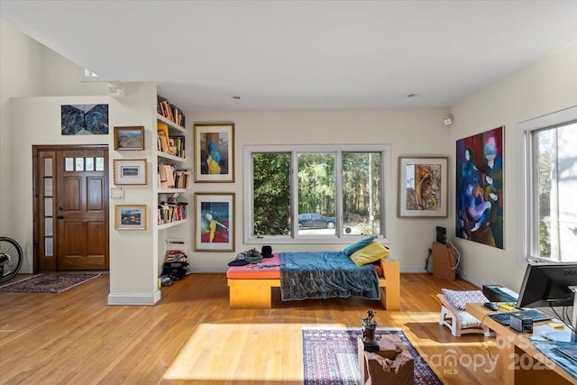 bedroom featuring multiple windows, baseboards, and wood finished floors