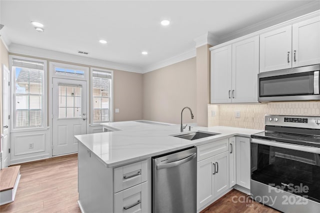 kitchen with ornamental molding, a peninsula, stainless steel appliances, and a sink