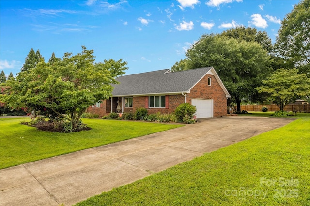 single story home featuring driveway, a front lawn, fence, a shingled roof, and brick siding