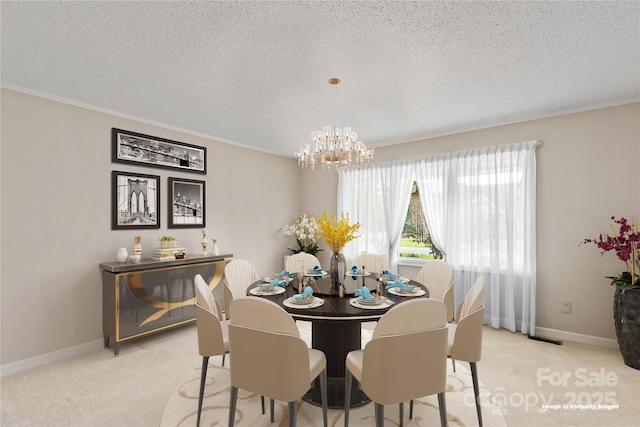 dining area with a notable chandelier, light colored carpet, a textured ceiling, and baseboards