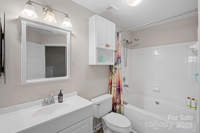 full bathroom featuring visible vents, vanity, toilet, and shower / tub combo