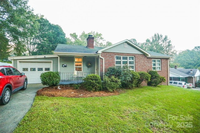 ranch-style house featuring brick siding, a front lawn, a chimney, a garage, and driveway