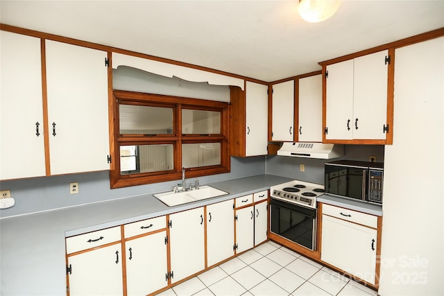 kitchen with a sink, electric range oven, light countertops, under cabinet range hood, and black microwave