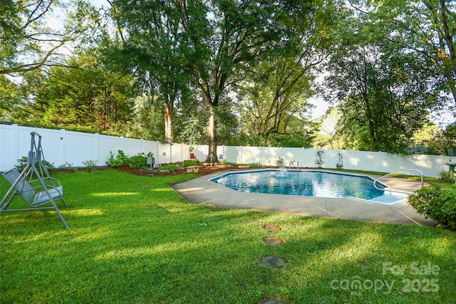 view of pool featuring a yard, a fenced backyard, and a fenced in pool