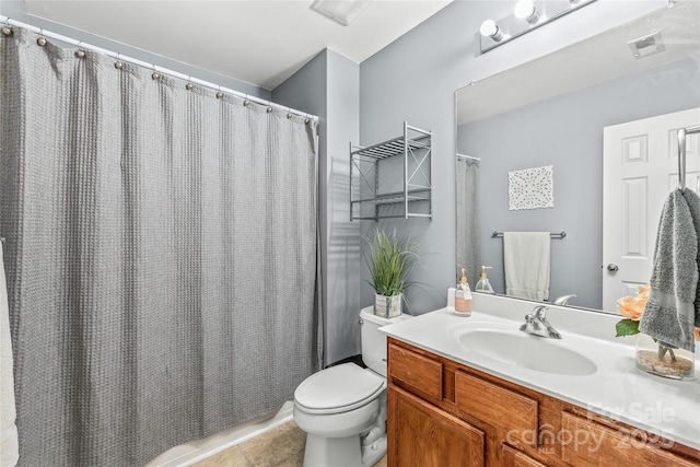 full bath featuring tile patterned floors, visible vents, toilet, and vanity