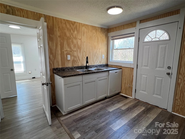 kitchen featuring dark wood finished floors, dishwashing machine, a textured ceiling, and a sink