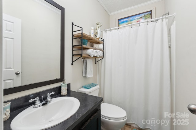 bathroom with vanity, toilet, crown molding, and a shower with curtain