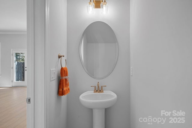 bathroom with ornamental molding and wood finished floors