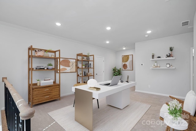 office with recessed lighting, visible vents, baseboards, and light colored carpet