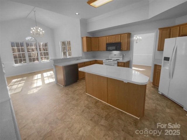 kitchen with a center island, light countertops, brown cabinetry, a notable chandelier, and white appliances