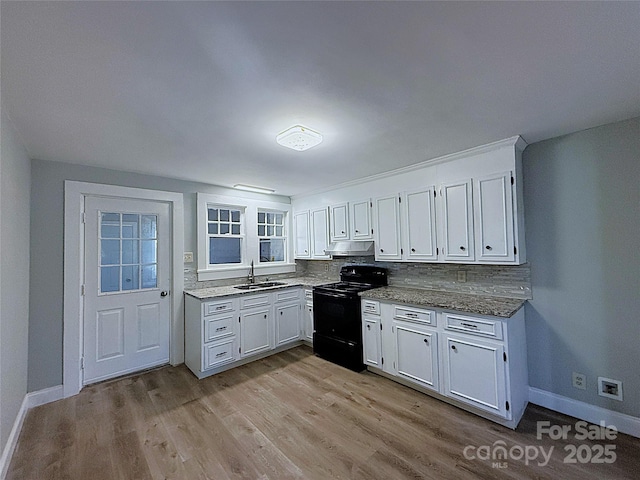 kitchen with electric range, a sink, light wood-style floors, under cabinet range hood, and tasteful backsplash