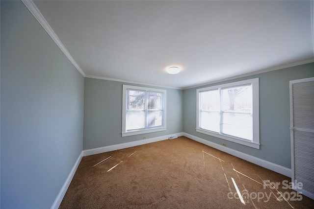 spare room featuring crown molding, baseboards, and carpet floors