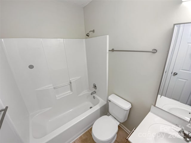 full bathroom with tile patterned flooring, baseboards, toilet, shower / bath combination, and vanity