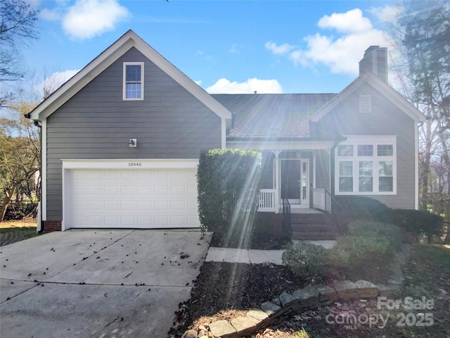 single story home with a garage, driveway, and a chimney