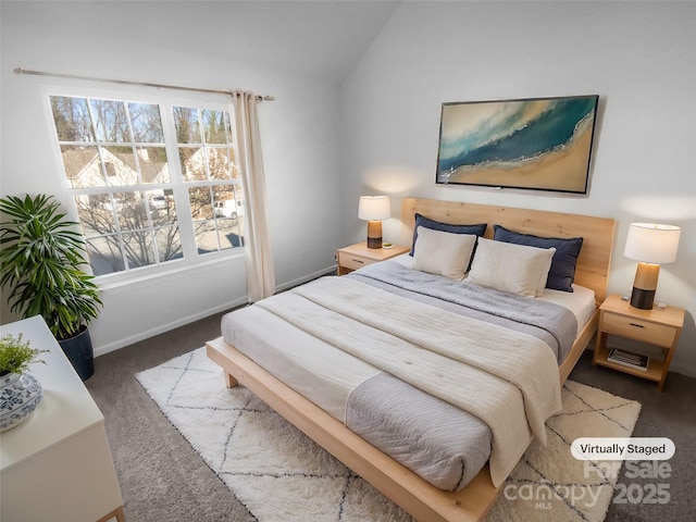 carpeted bedroom featuring vaulted ceiling and baseboards