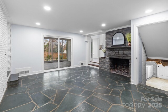 unfurnished living room featuring visible vents, recessed lighting, a stone fireplace, and baseboards